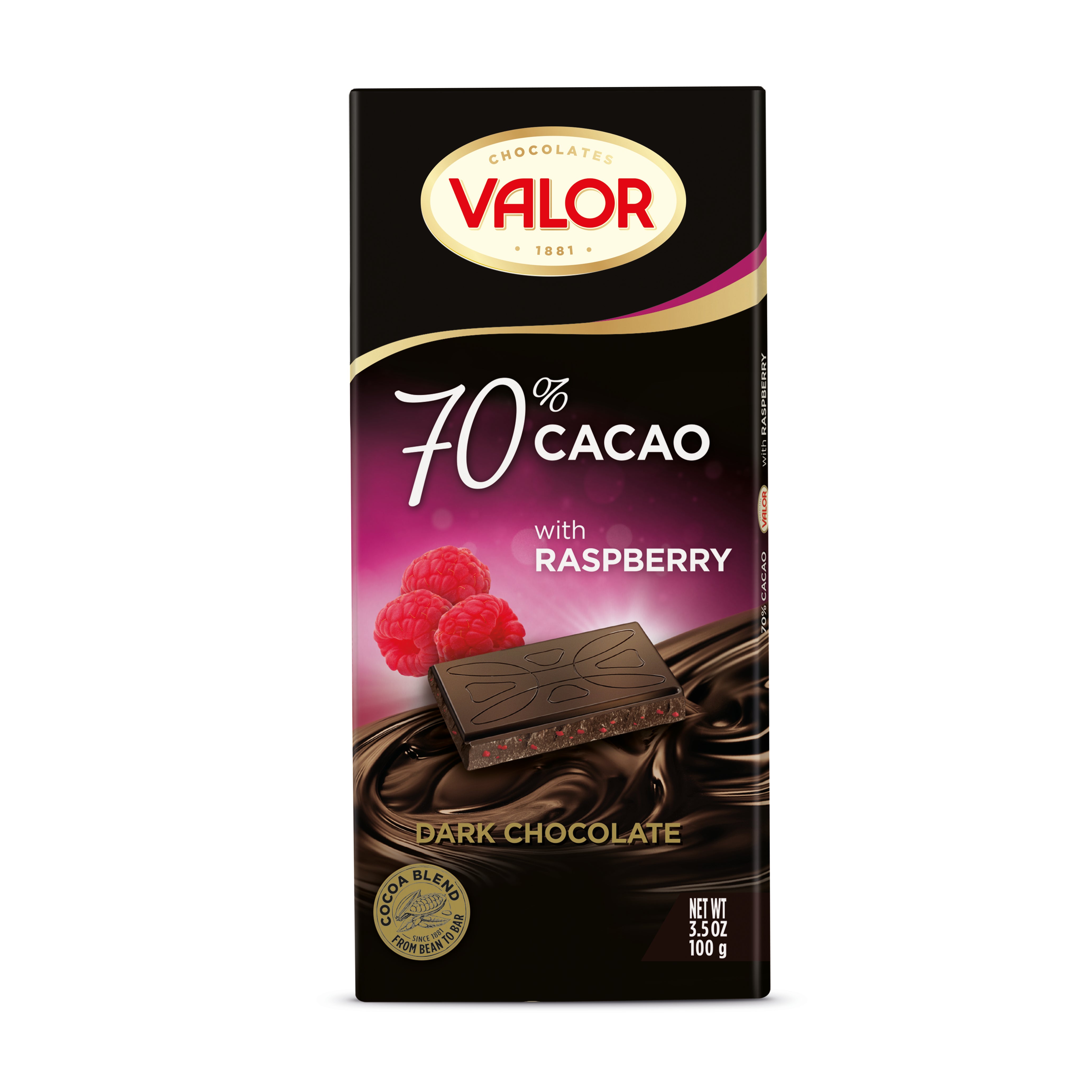 VALOR 70% Cacao DARK CHOCOLATE WITH RASPBERRY 100G – Mighty Foods