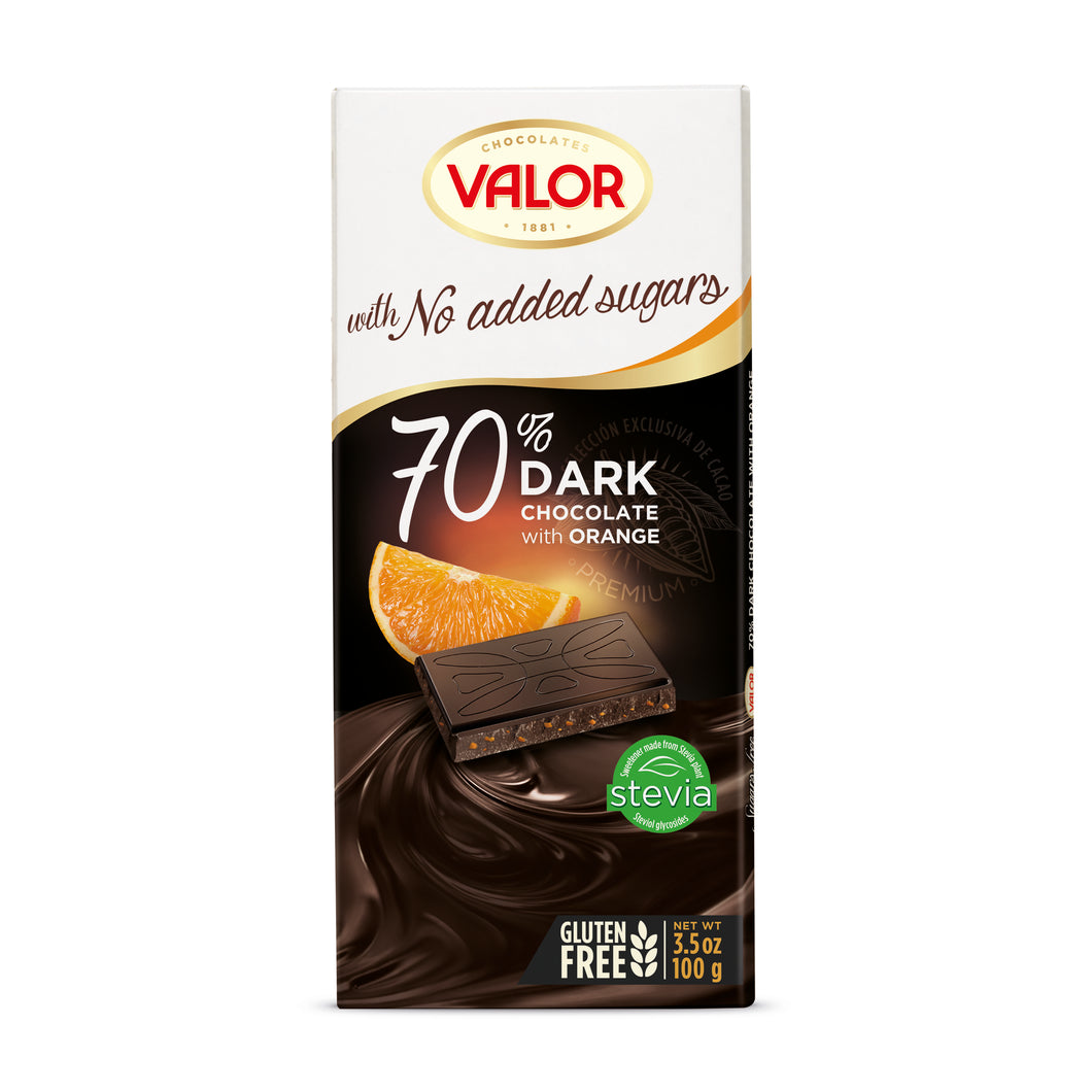 VALOR 70% DARK CHOCOLATE WITH ORANGE NO ADDED SUGARS 100G